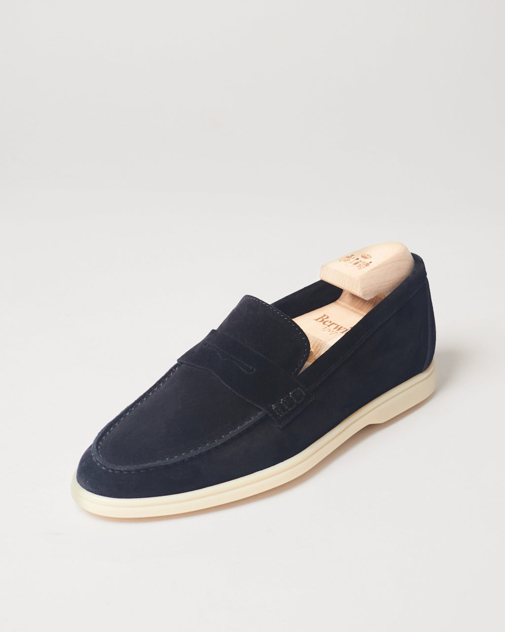 Berwick Flex Walk Penny Loafer 10133 Go Rain Janus Suede Black single shoe front angle view