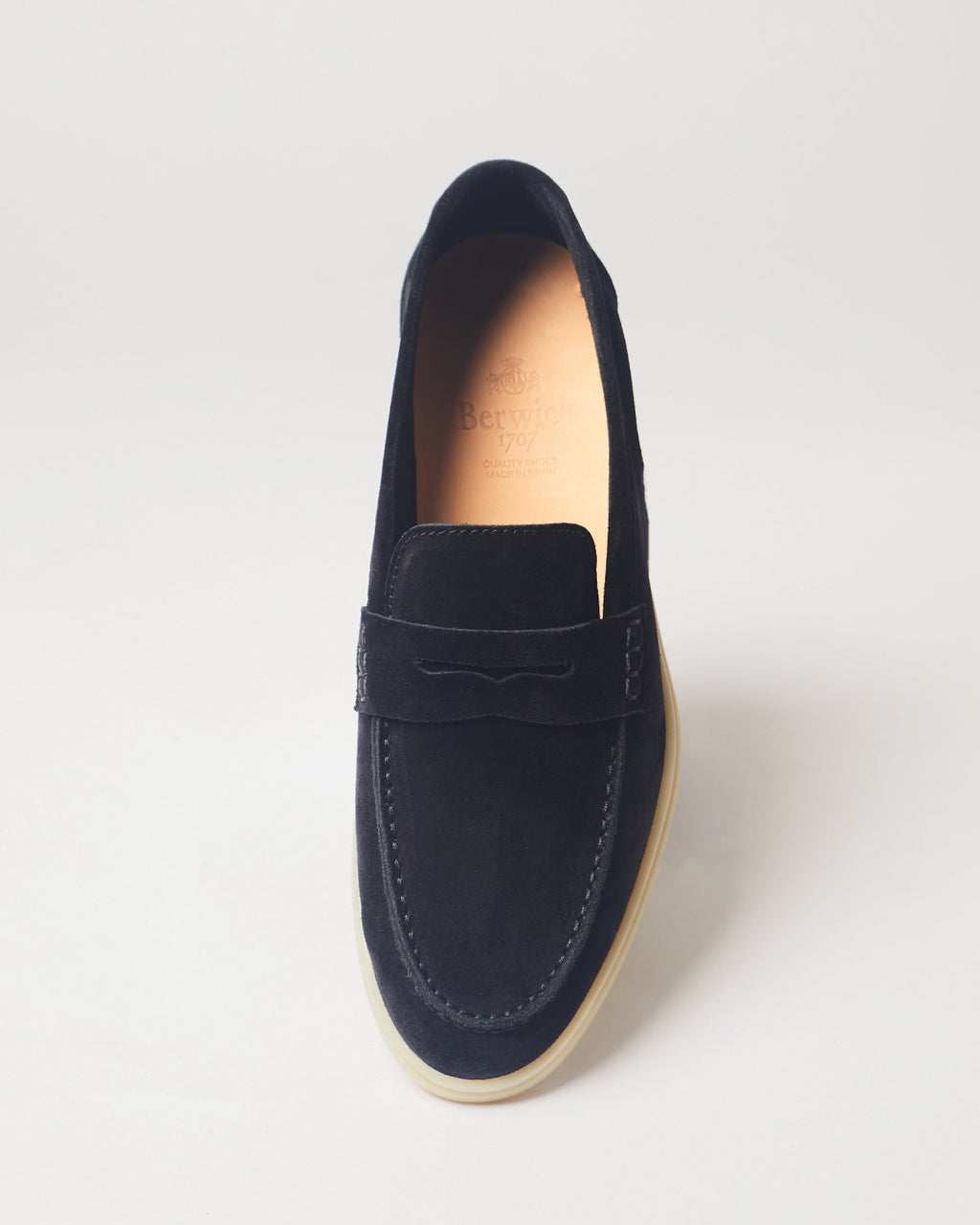 Berwick Flex Walk Penny Loafer 10133 Go Rain Janus Suede Black leather shoes top front view