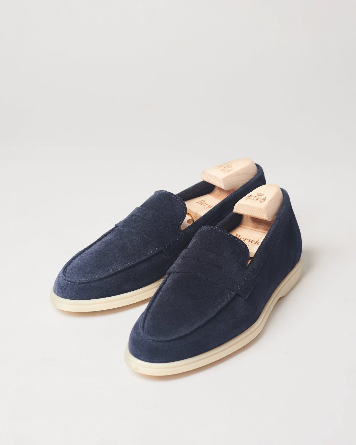 Berwick Flex Walk Penny Loafer 10133 Repello Suede Gum Oil Baltic leather shoes pair front angle view