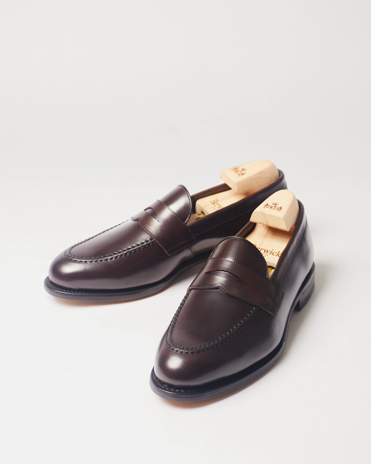 Berwick Penny Loafer 5138 Cordovan Rocado Dark Brown shell cordovan leather shoes pair front angle view