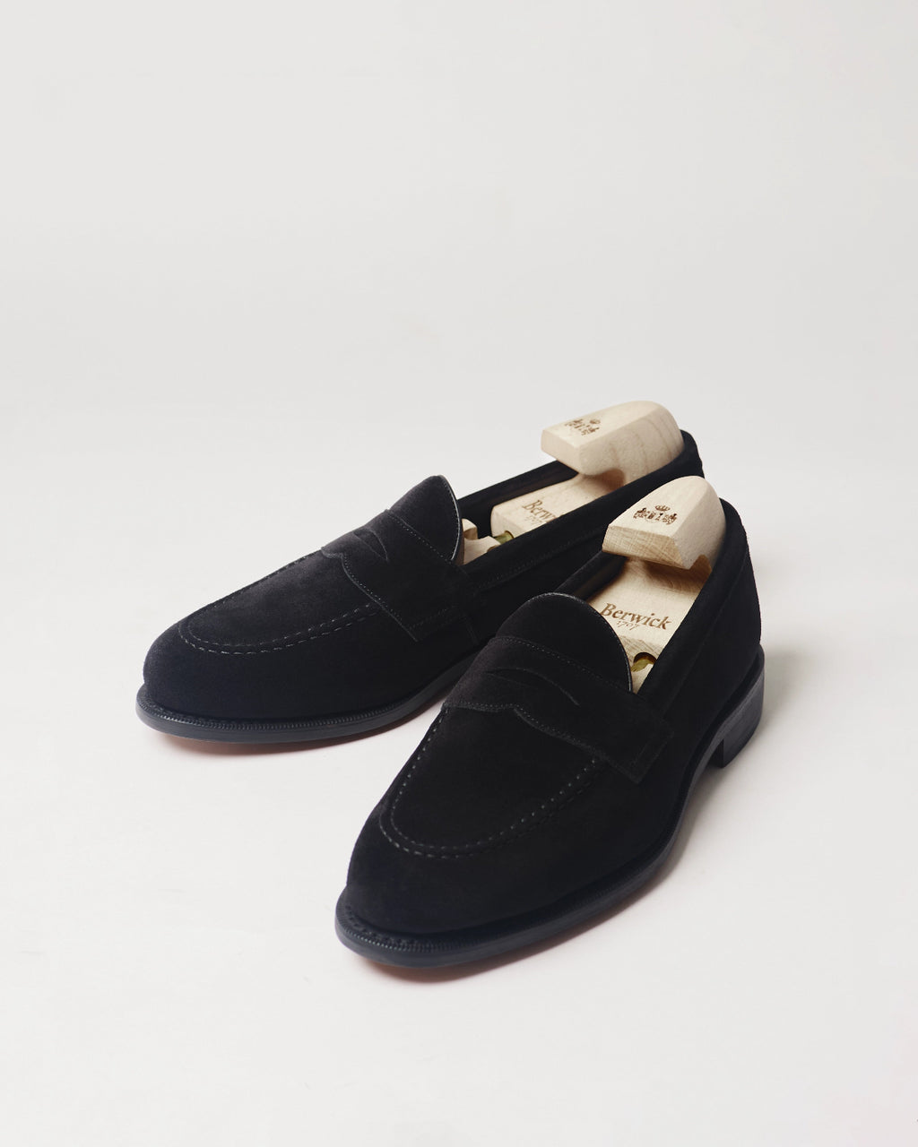 Berwick Penny Loafer 5138 Go Rain Suede Black shoes pair front angle view