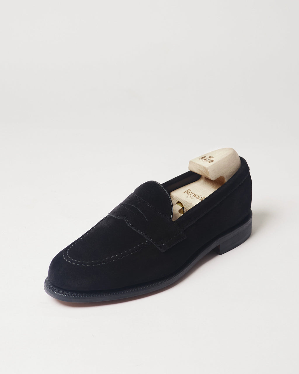 Berwick Penny Loafer 5138 Go Rain Suede Black single shoe front angle view