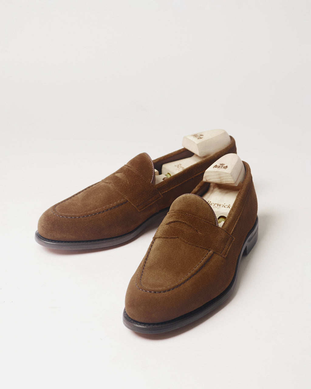 Berwick Penny Loafer 5138 Go Rain Suede Snuff brown shoes pair front angle view