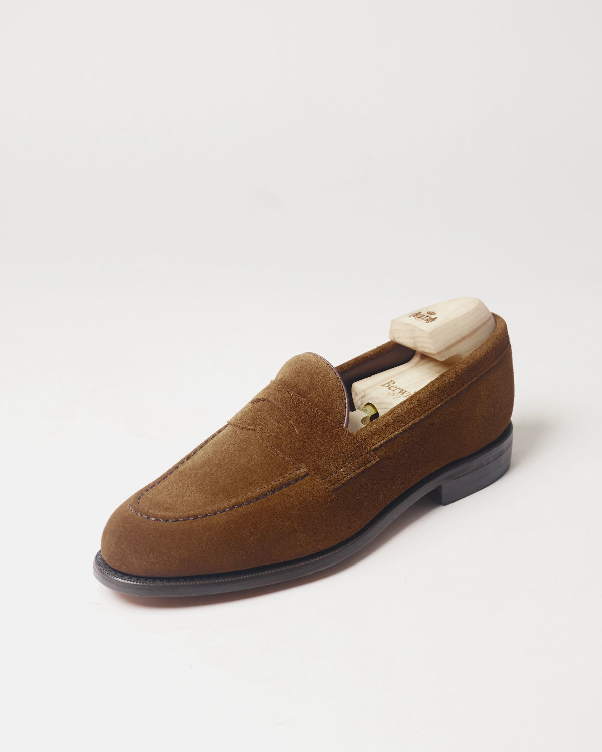 Berwick Penny Loafer 5138 Go Rain Suede Snuff brown single shoe front angle view