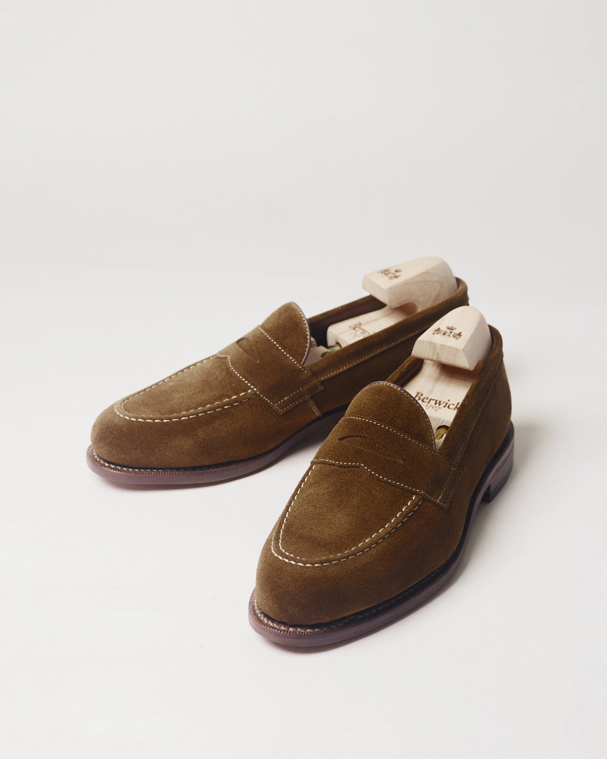 Berwick Penny Loafer 5138 Repello Suede New Eng Snuff brown shoes pair front angle view