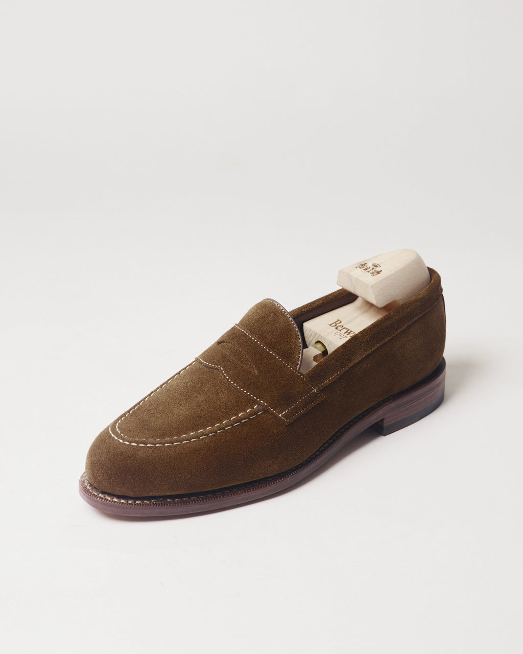 Berwick Penny Loafer 5138 Repello Suede New Eng Snuff brown single shoe front angle view