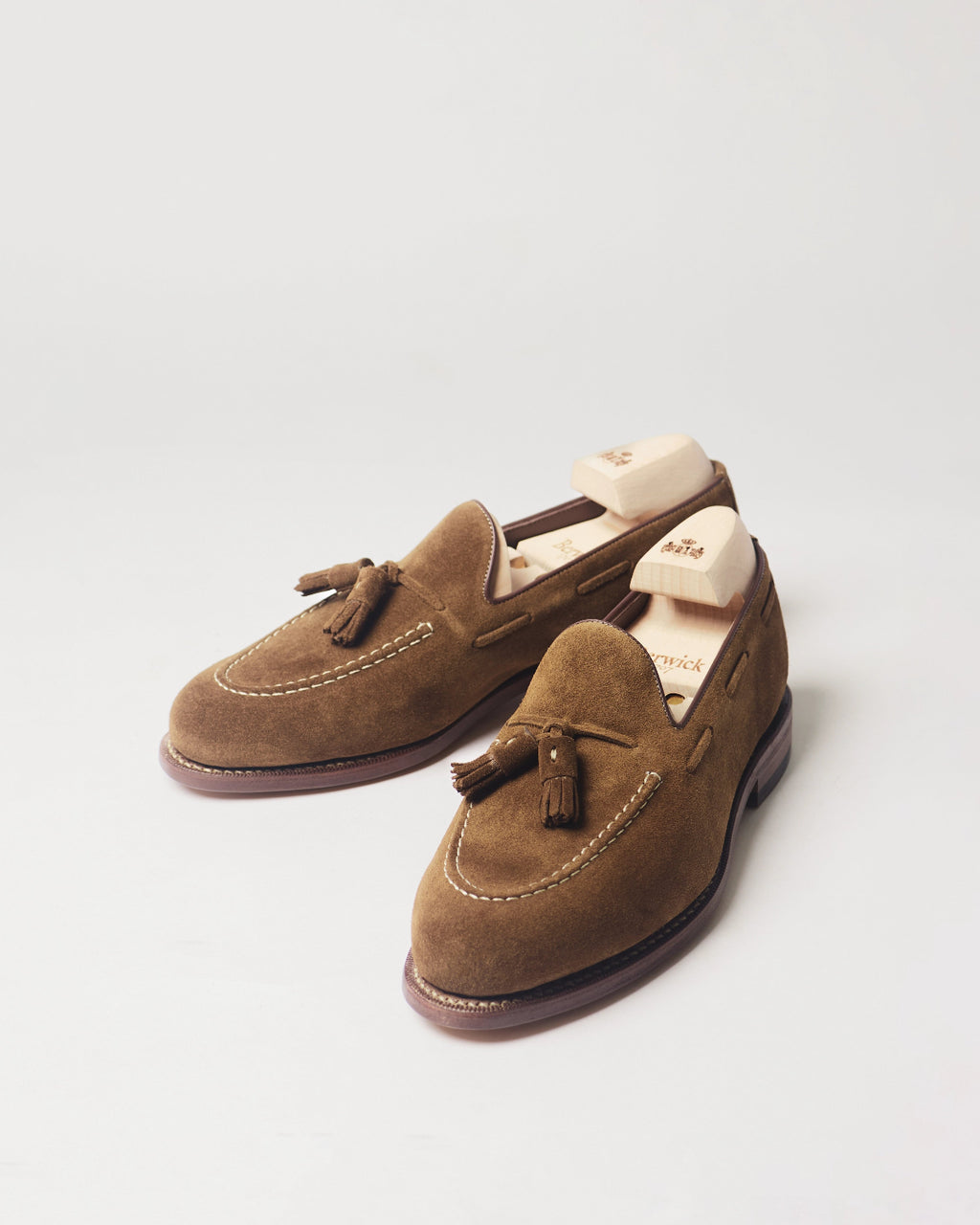 Berwick Tassel Loafer 5139 Repello Suede New Eng Snuff brown shoes pair front angle view