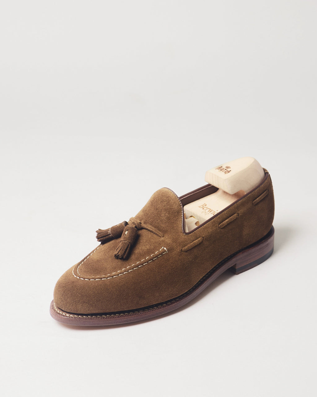 Berwick Tassel Loafer 5139 Repello Suede New Eng Snuff brown single shoe front angle view