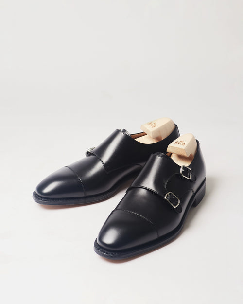 Berwick Double Monk 5212 Box Calf Black smooth leather shoes pair front angle view