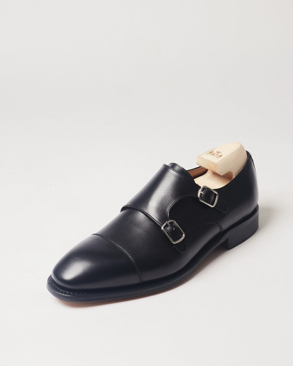 Berwick Double Monk 5212 Box Calf Black smooth leather single shoe front angle view