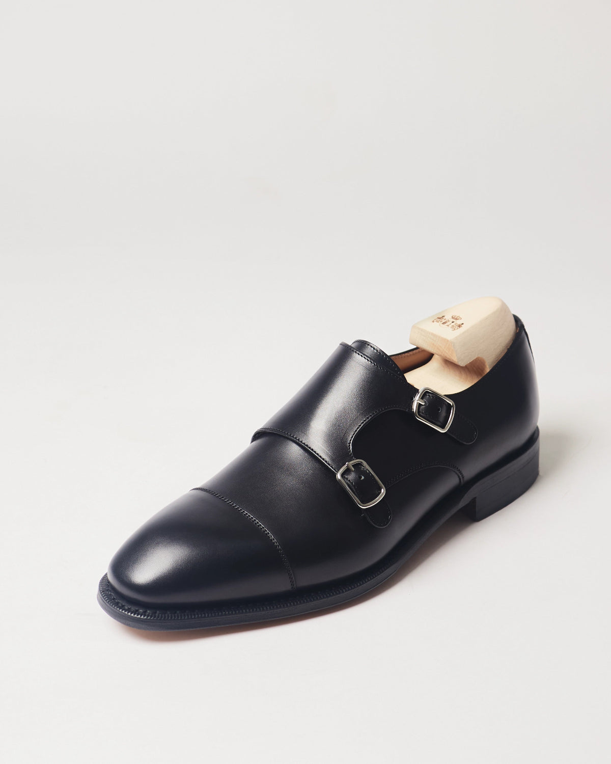 Berwick Double Monk 5212 Box Calf Black smooth leather single shoe front angle view