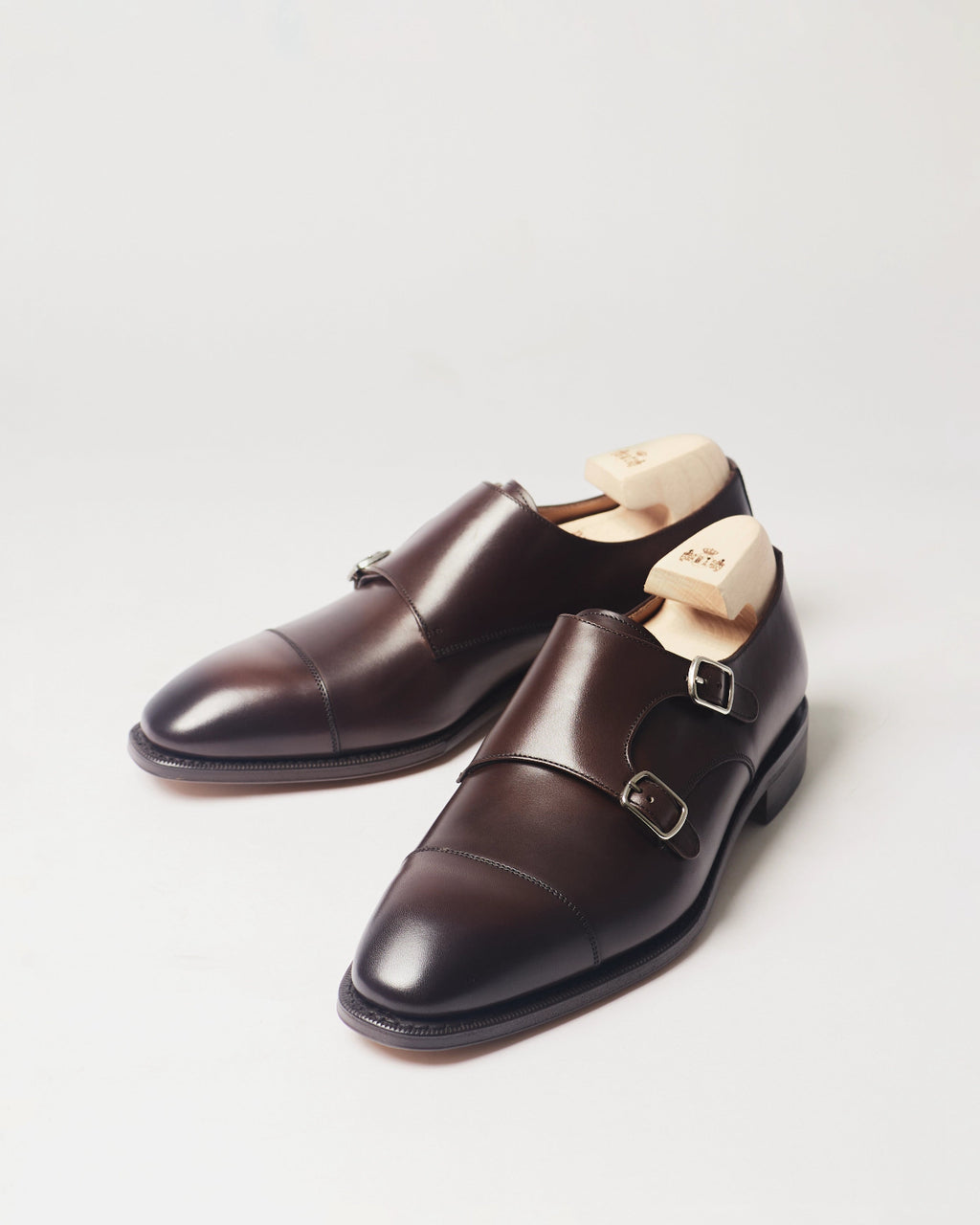 Berwick Double Monk 5212 Nomera Dark Brown smooth leather shoes pair front angle view
