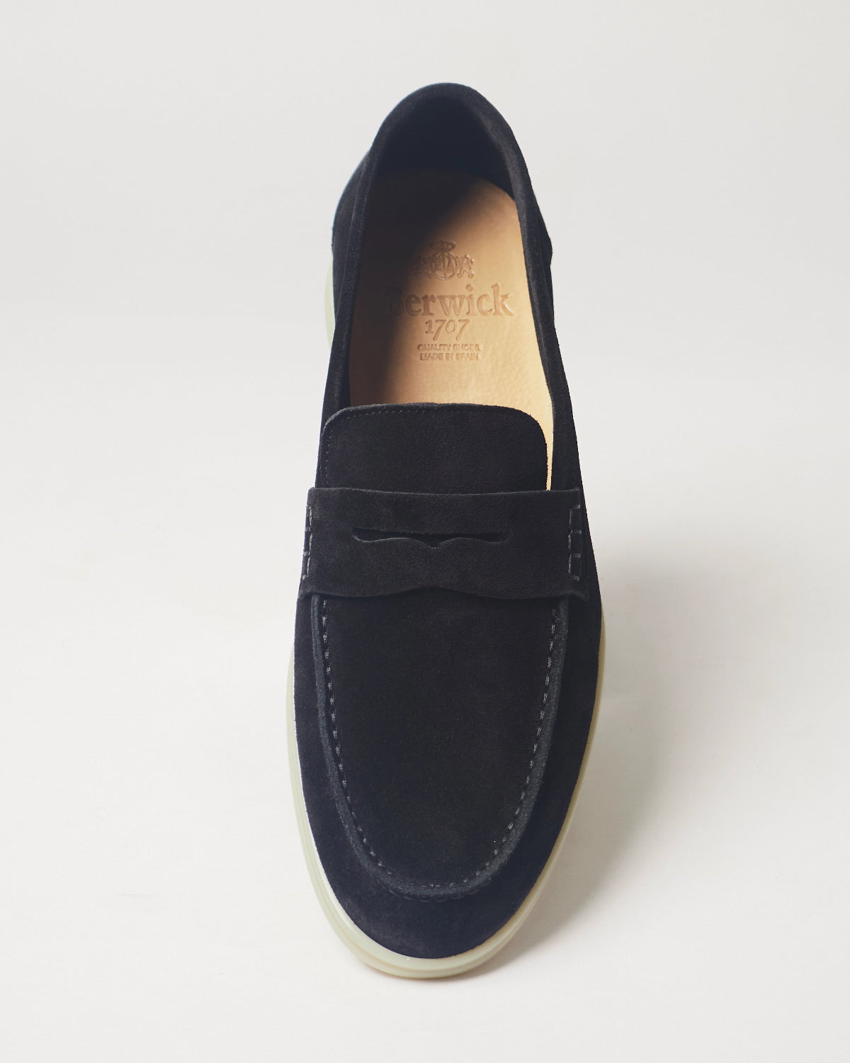 Berwick Flex Walk Penny Loafer 5371 Go Rain Janus Suede Black leather shoes top front view
