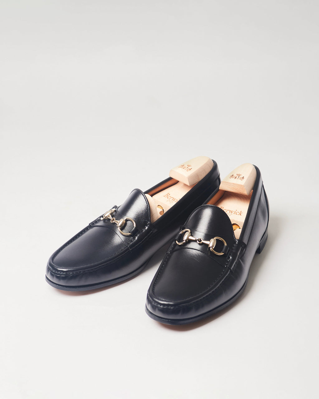 Berwick Horsebit Loafer 5605 Box Calf Black smooth leather shoes pair front angle view