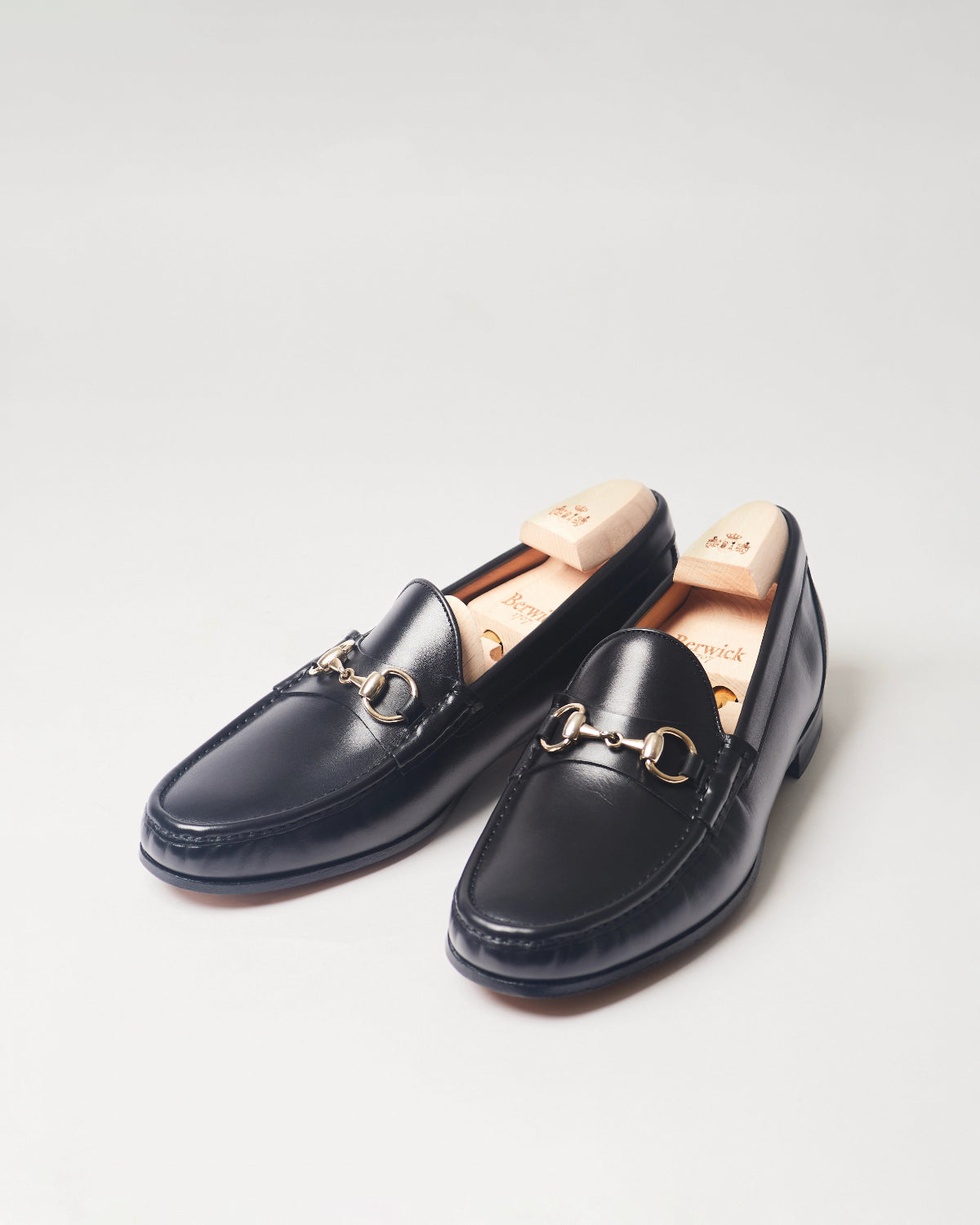 Berwick Horsebit Loafer 5605 Box Calf Black smooth leather shoes pair front angle view