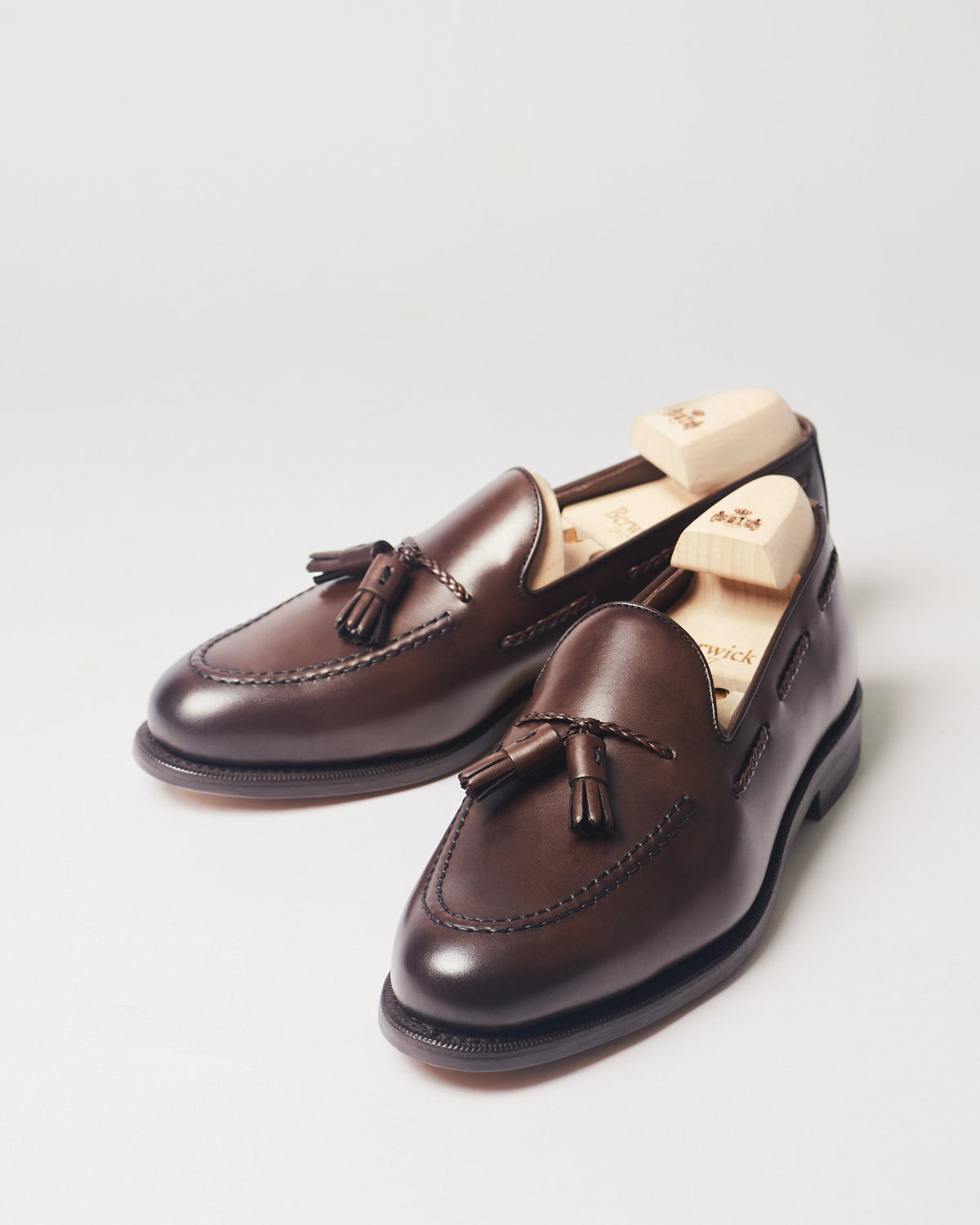 Berwick Braided Tassel Loafer 5714 Nomera Dark Brown smooth leather shoes pair front angle view