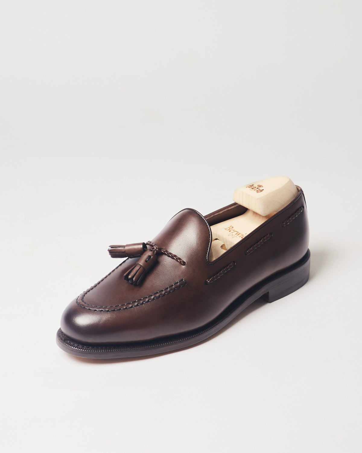 Berwick Braided Tassel Loafer 5714 Nomera Dark Brown smooth leather single shoe front angle view