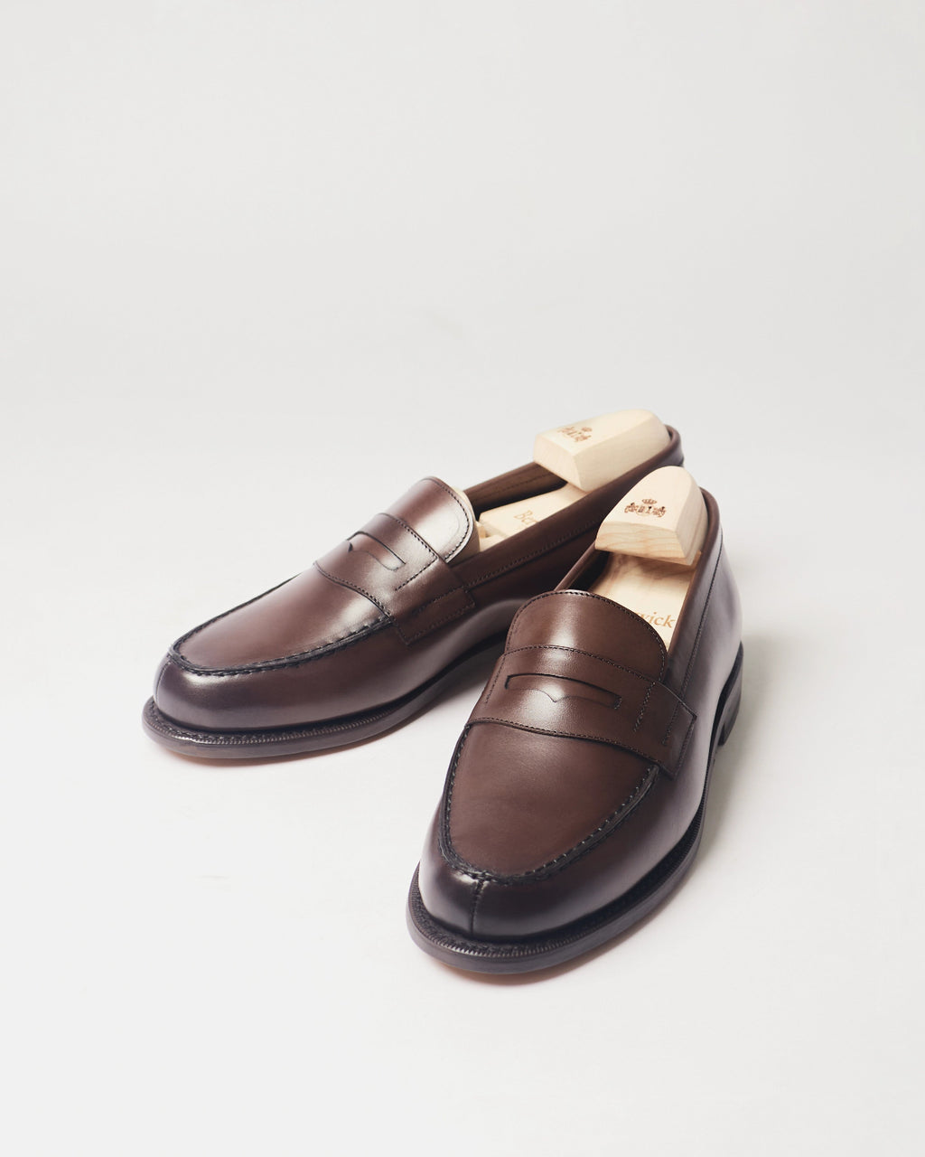 Berwick French Loafer 5732 Nomera Dark Brown smooth leather shoes pair front angle view