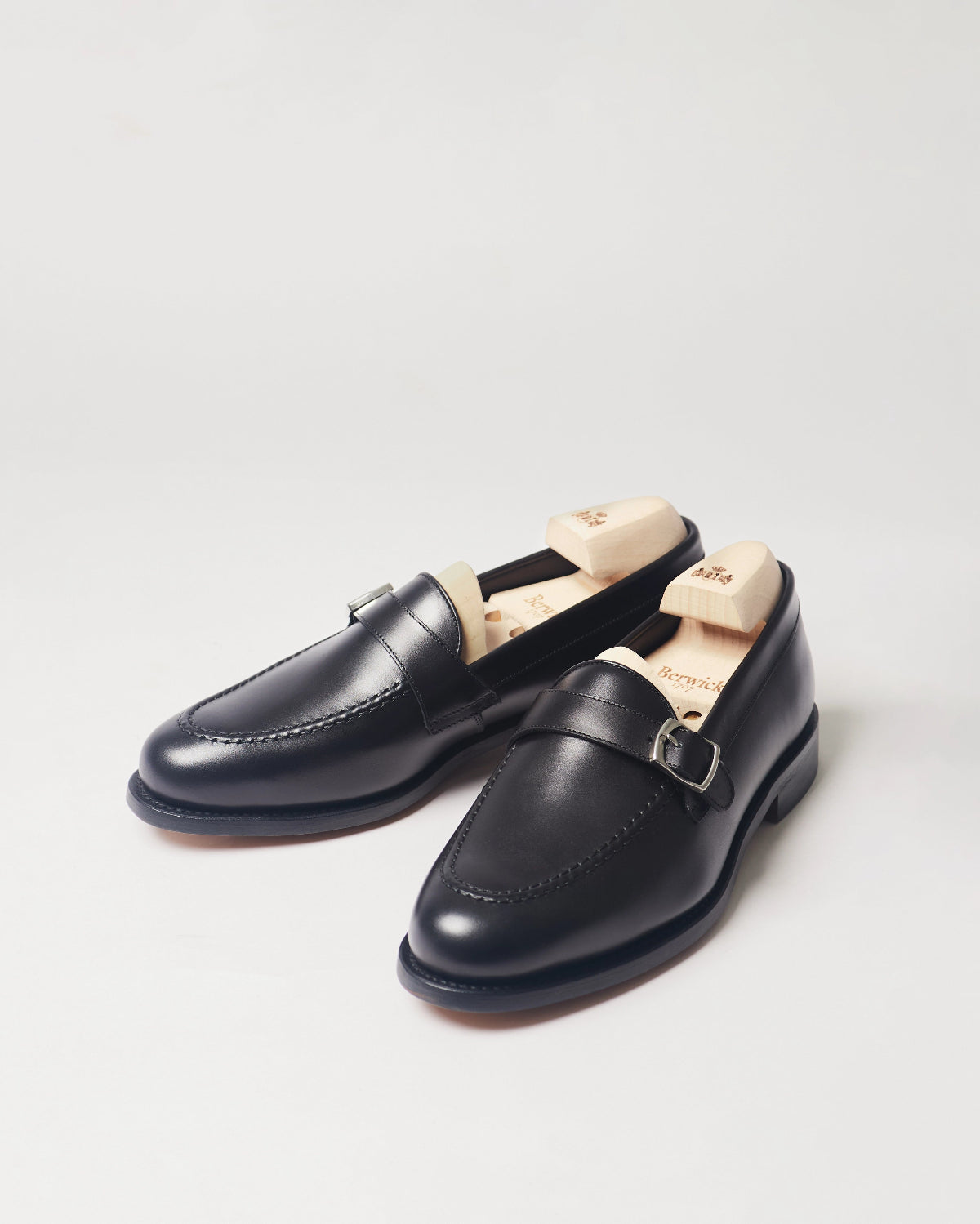 Berwick Strap Loafer 5770 Box Calf Black smooth leather shoes pair front angle view