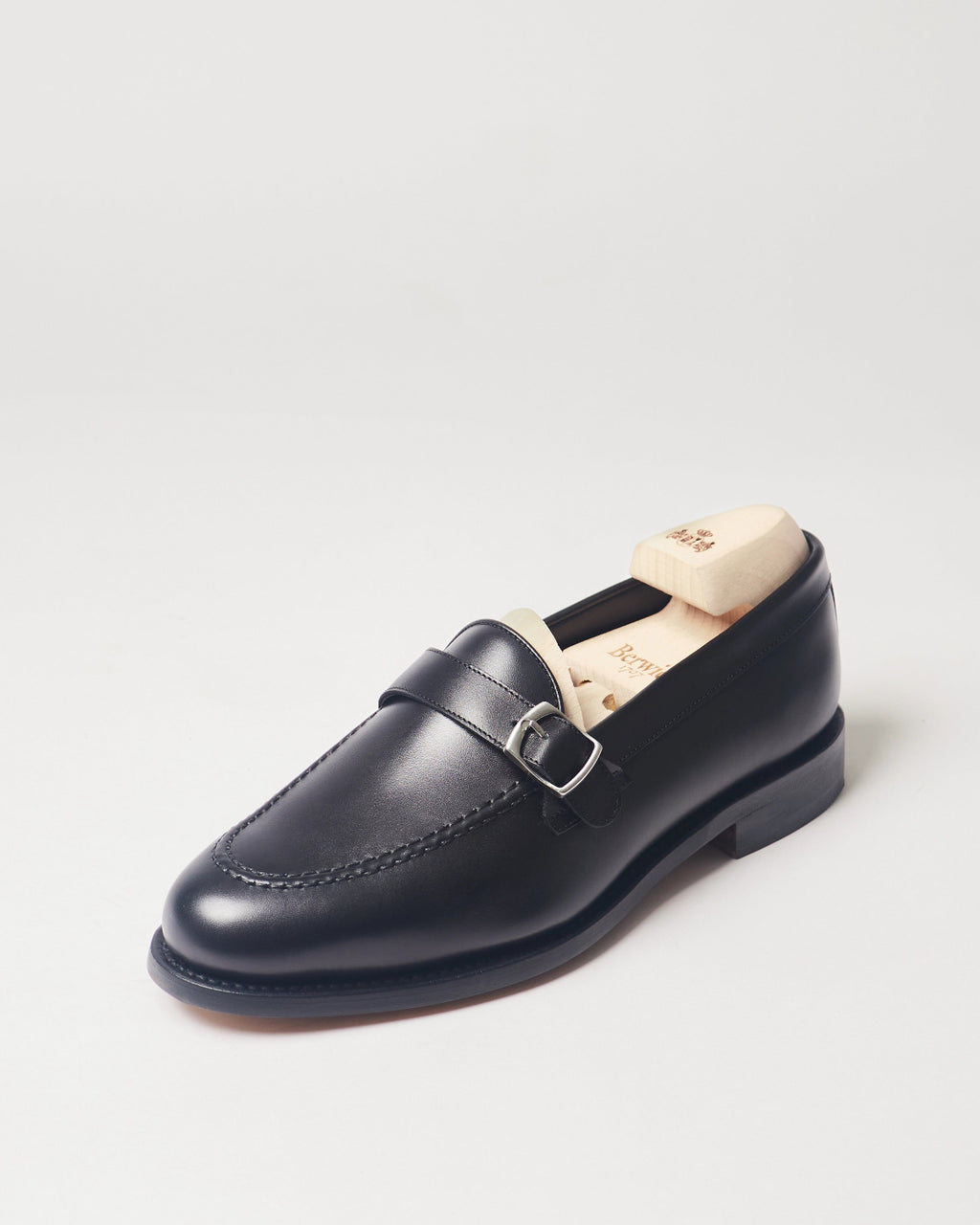 Berwick Strap Loafer 5770 Box Calf Black smooth leather single shoe front angle view