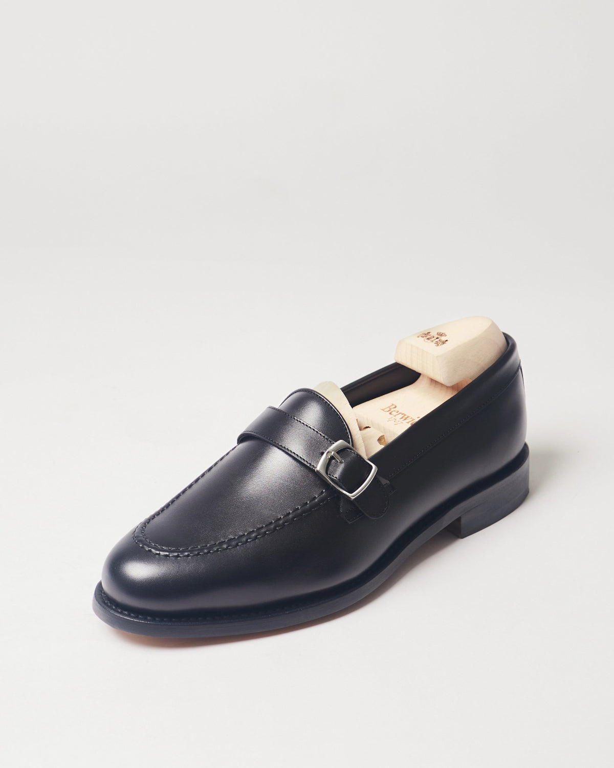 Berwick Strap Loafer 5770 Box Calf Black smooth leather single shoe front angle view