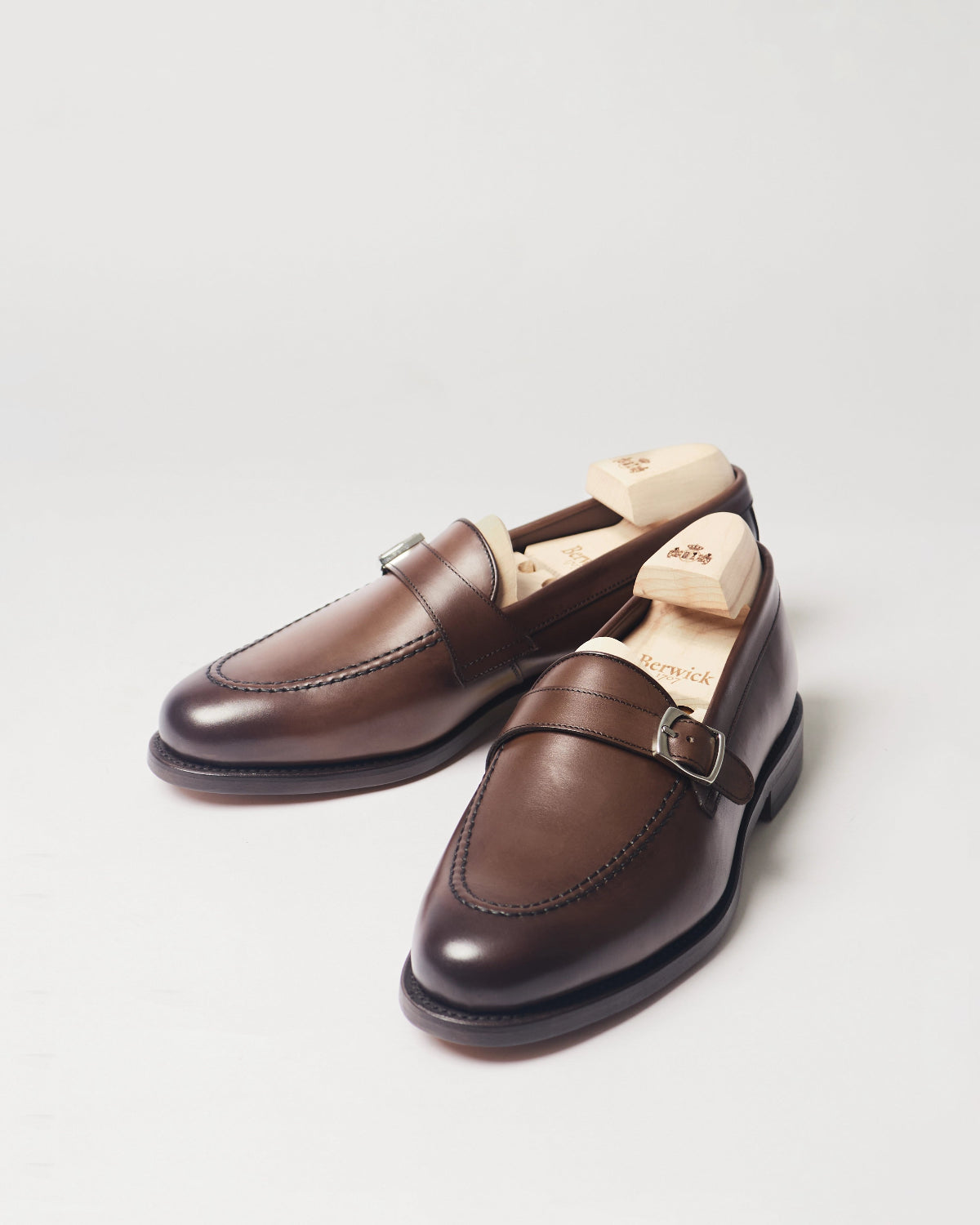Berwick Strap Loafer 5770 Nomera Dark Brown smooth leather shoes pair front angle view
