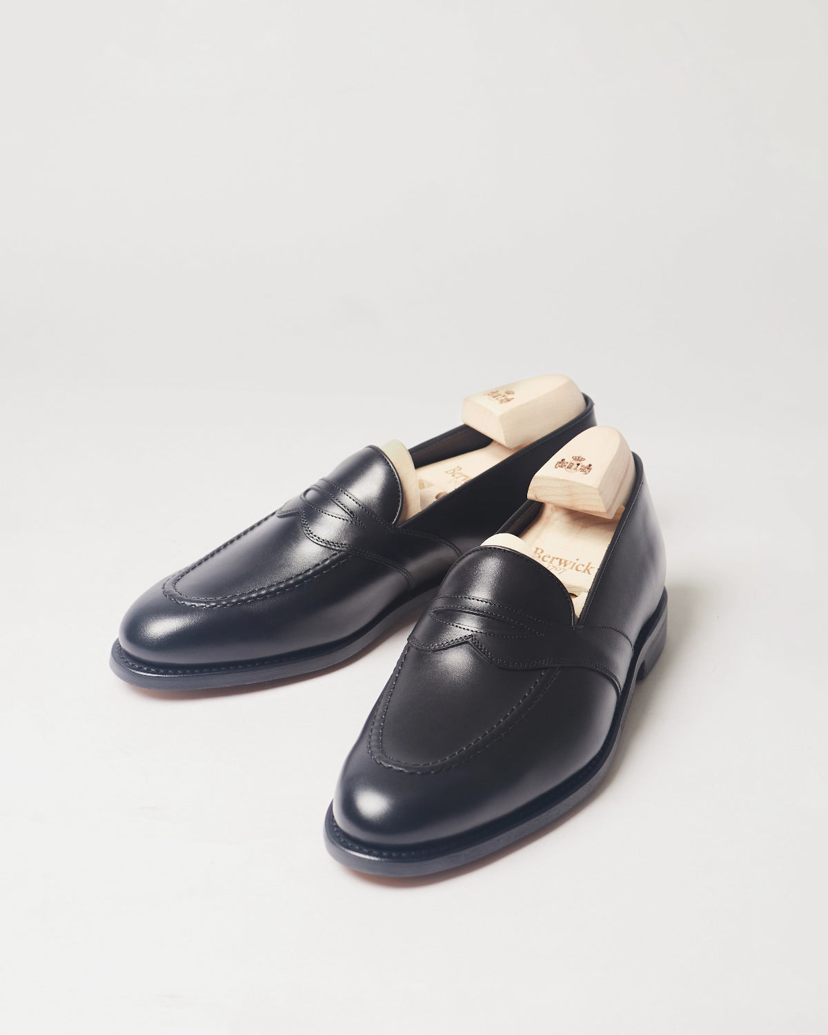 Berwick Dress Full Strap Loafer 5794 Box Calf Black smooth leather shoes pair front angle view