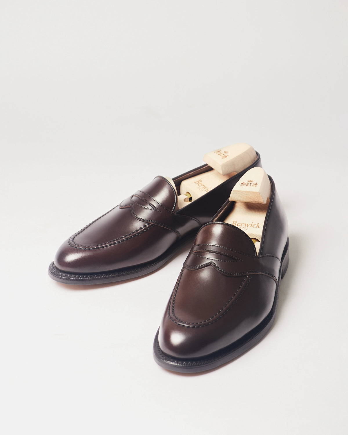 Berwick Dress Full Strap Loafer 5794 Cordovan Rocado Dark Brown shell cordovan leather shoes pair front angle view