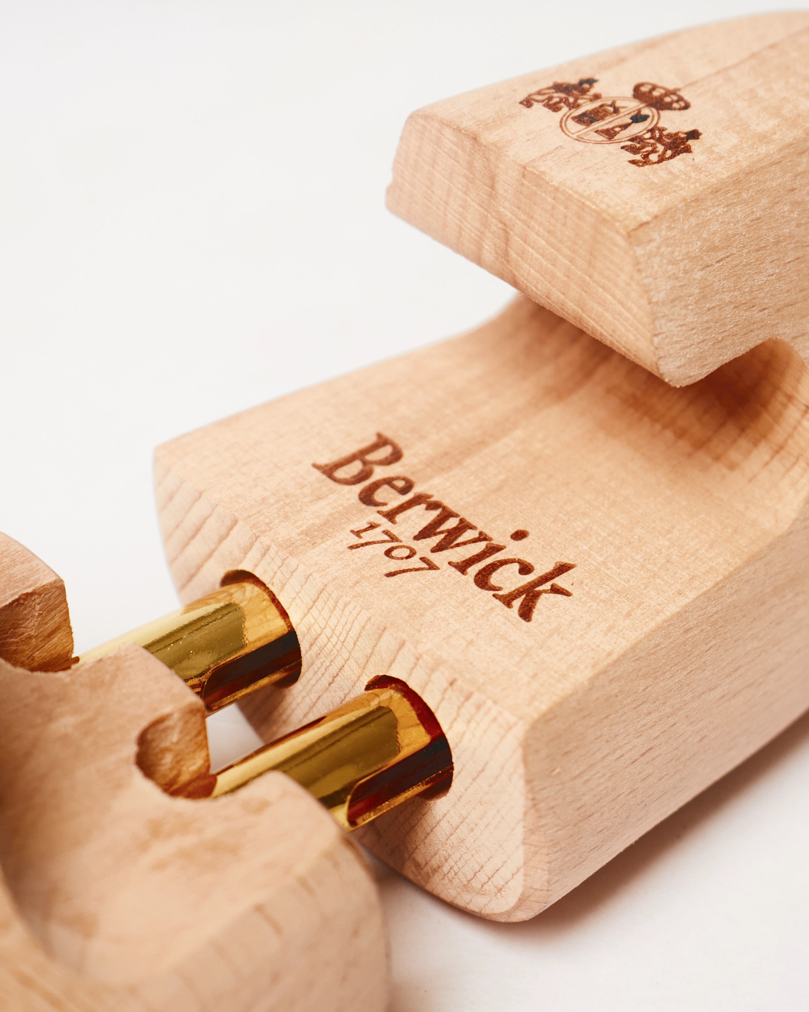 Berwick Shoe Tree Beech Wood Natural close up engraved logo detail